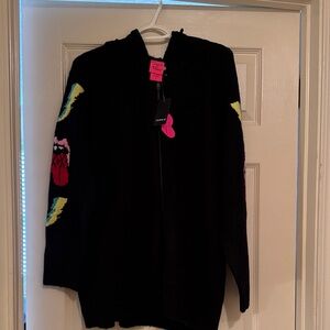 Torrid Betsy Johnson Black Hooded Zip Cardigan Sweater WithColorful Sleeve Motif